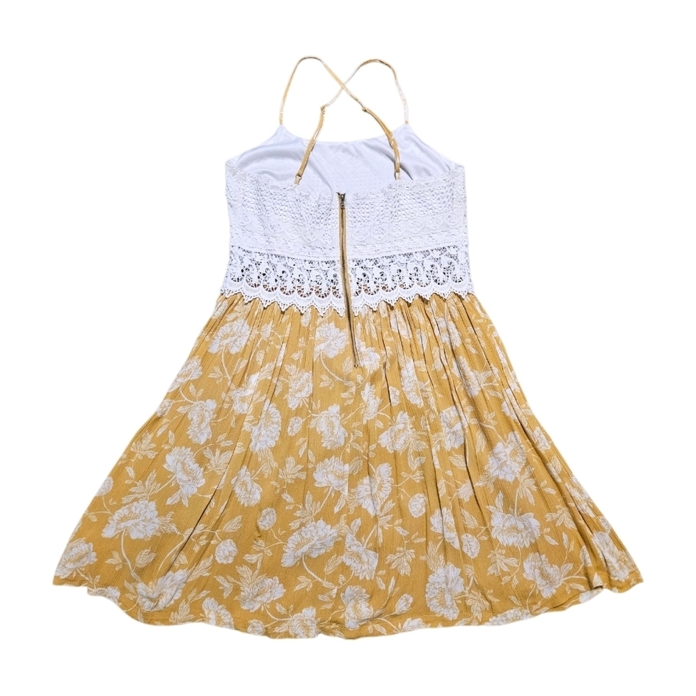 Wmns Crochet & Yellow Floral Sundress Sz LG Lace Cutout Feminine Coquette Boho - Picture 8 of 16